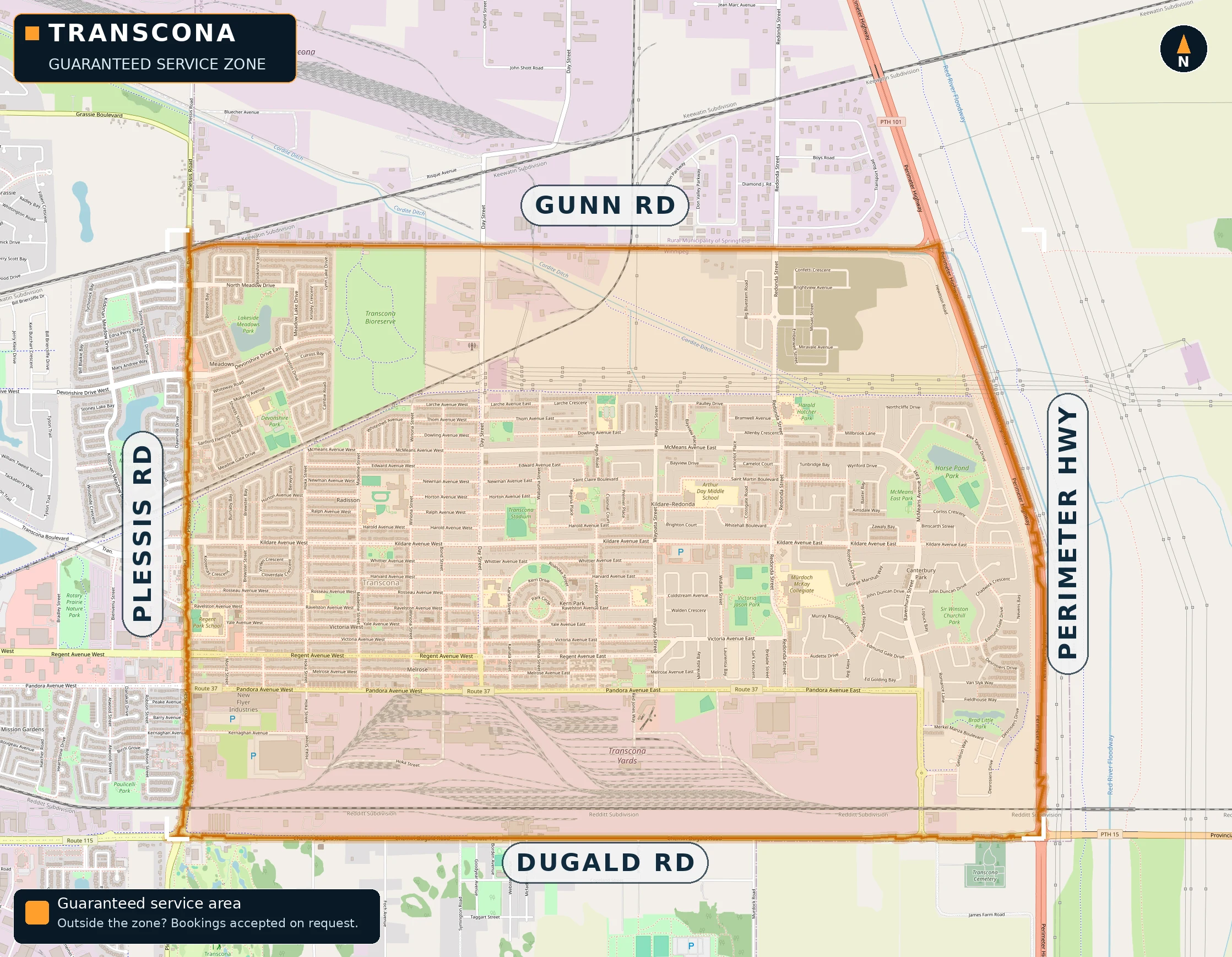 Map of the guaranteed service area in Transcona, Winnipeg