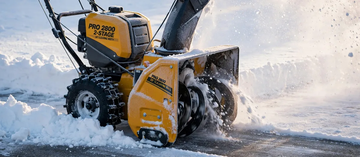 Two-stage snow blower clearing fresh snow