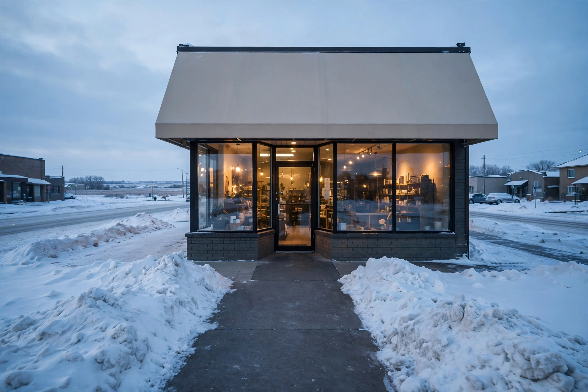 Cleared walkway leading to a small retail storefront door in winter